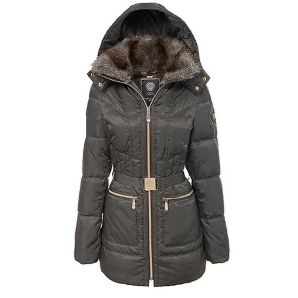 Vince Camuto Women's Black Belted Faux Fur Hooded Down Puffer‎ Coat Size M