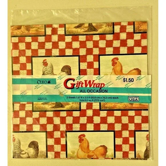 Vintage Cleo Rooster Chicken Checkered Gift Wrap 2 Sheets NIP All Occassion
