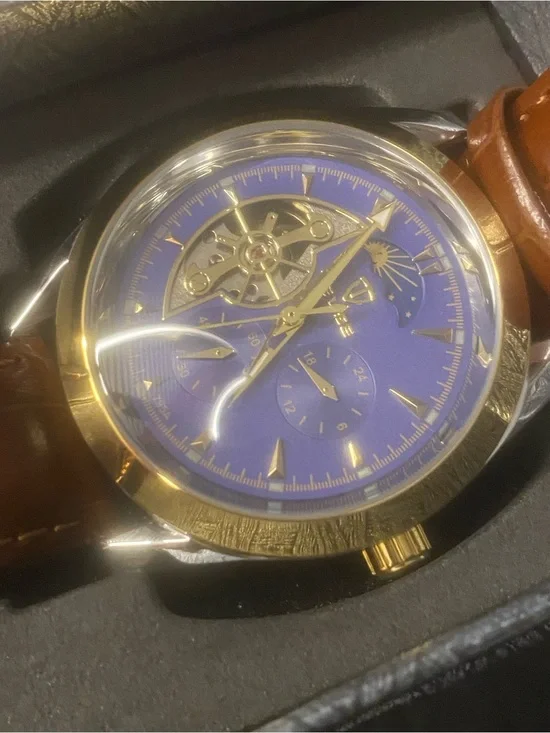 New Blue Dial Gold-Tone Skeleton Accent Watch with Brown Leather Strap