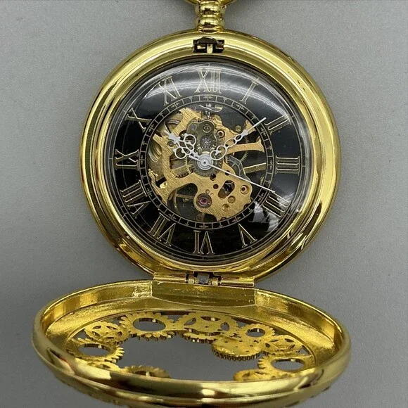 Steampunk Gear Pocket Watch Men 47mm Gold Tone Skeleton Half Hunter Manual