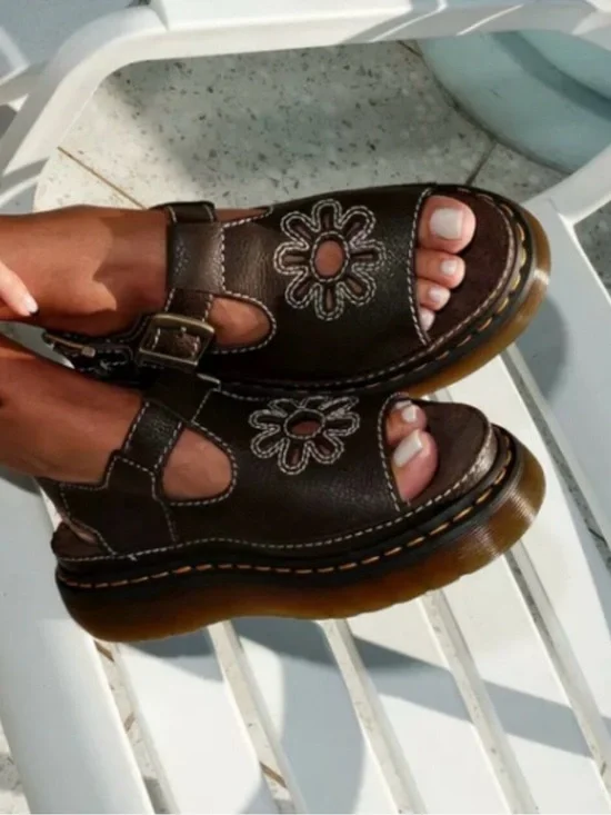 Dr. Martens Dunnett Flower Brown Floral Cutout Platform Sandals NWT