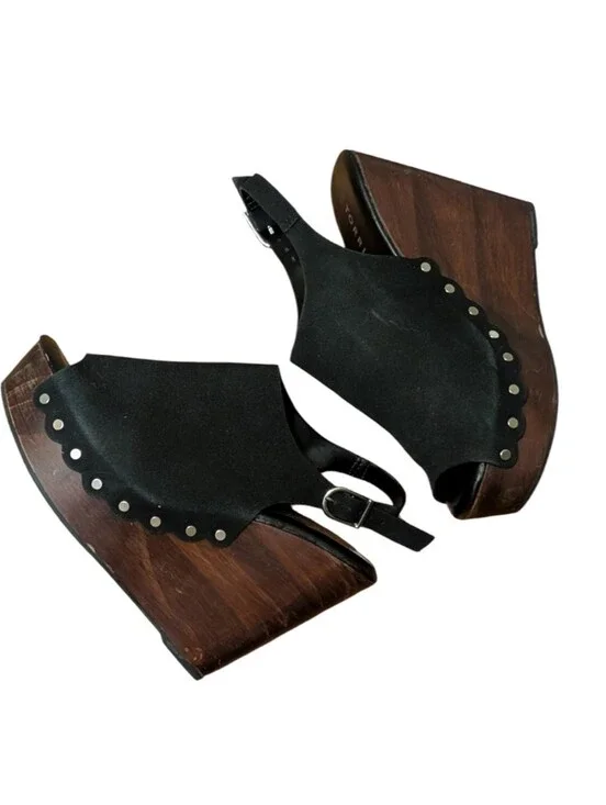 Torrid Black Studded peep toe Platform Wood Wedges back strap