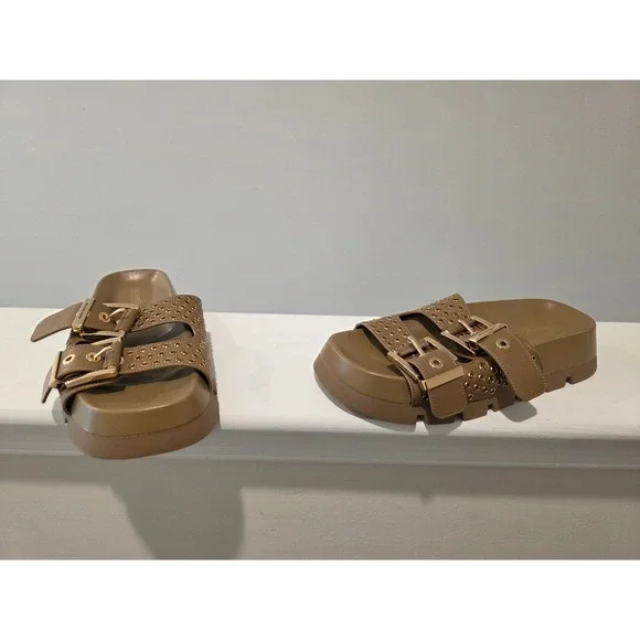 Womens sz 6 B Michael Kors Colby Flat Sandal Tan Leather Studded Platform‎ Slide