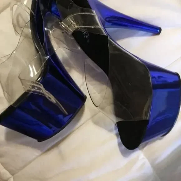 Pleasers 7 inch platform stilettos.   Blue Clear Strap Platform High Heels