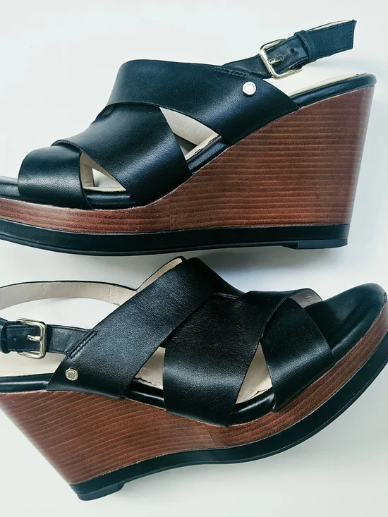 Cole Haan Laci Sz9B Black Leather Crisscross Wood Plat Wedge Ankle Strap Sandals