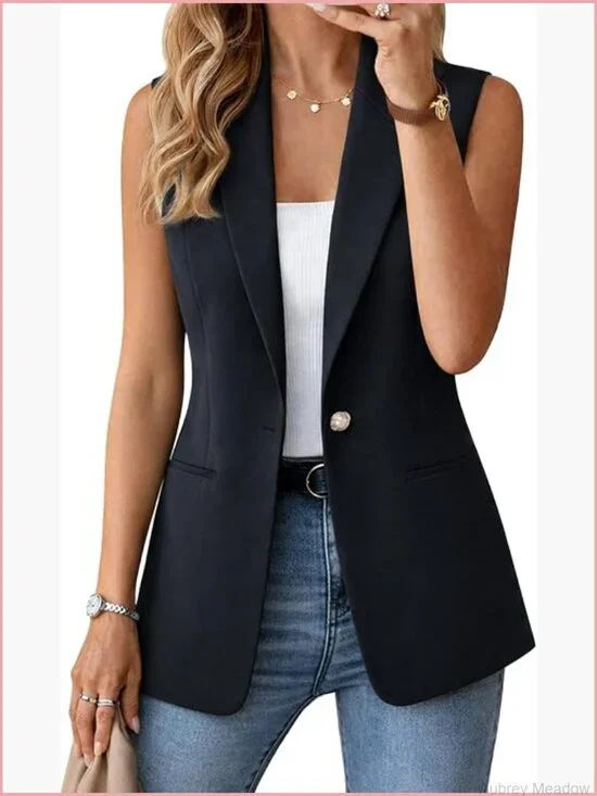 Sleeveless Vest Blazer Fully Lined Open Front Work Jacket Pockets