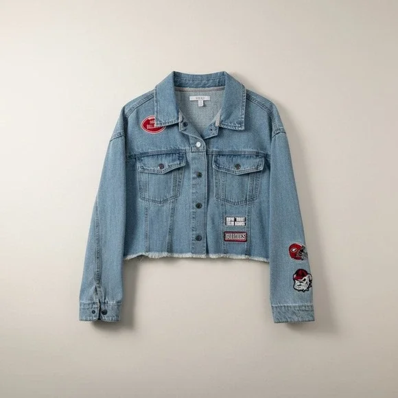 Georgia Bulldogs Denim Jacket Wear by Erin Andrews‎ Blue Cropped Trucker L