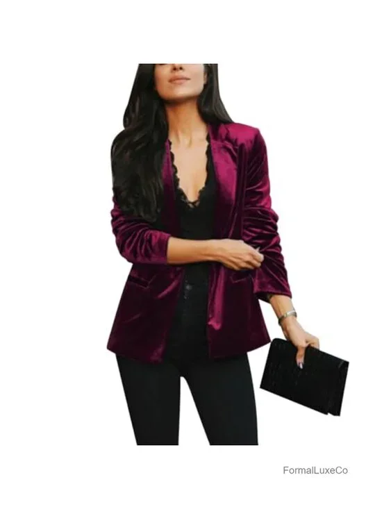 Women's Velvet Blazer Jacket Long Sleeve Button Pockets Office Work Tailored