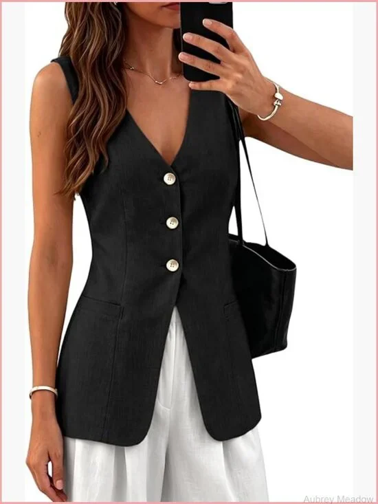 Lightweight Linen Blazer Vest Sleeveless Fully Lined Business Casual
