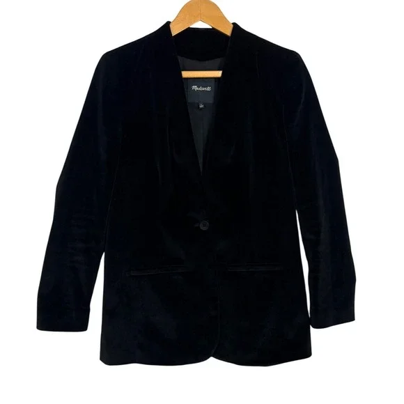 Madewell Black Velvet Single Button Blazer Jacket Womens Size‎ 2
