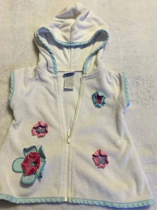White Hooded Baby Bath Vest with Pink & Blue Flower Appliqués