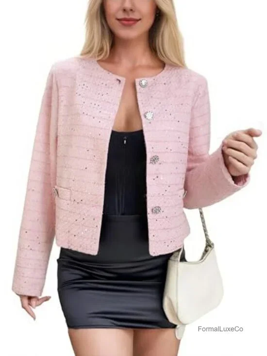 Tweed Blazer Long Sleeve Open Front Casual Jacket for Work