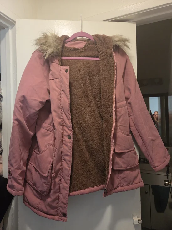 SHEIN Pink Faux Fur Trim Parka with Brown Sherpa Lining
