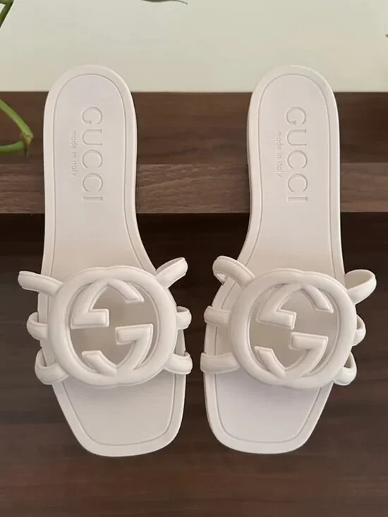Gucci White Rubber Interlocking GG Cutout Square Toe Slide Sandals