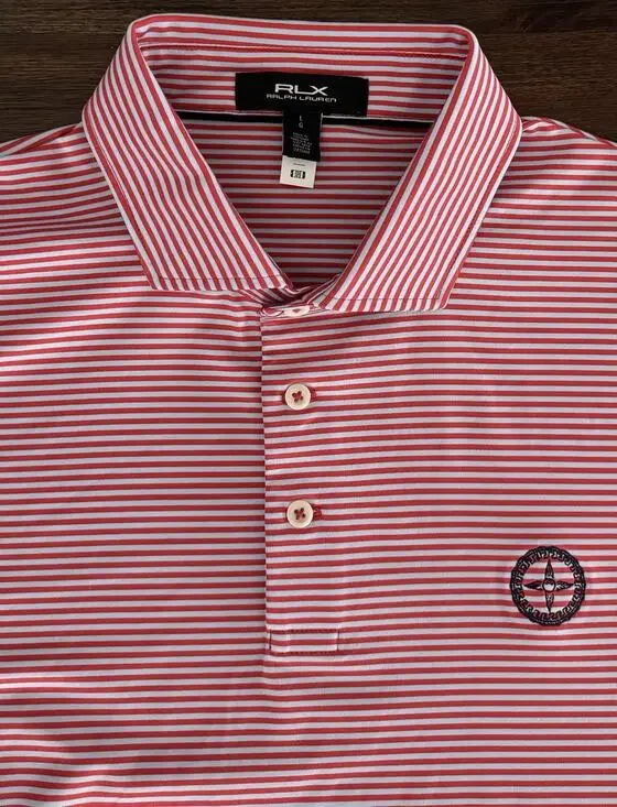 RLX Ralph Lauren Men’s Performance Golf Polo Red Blue Stripe Logo Large