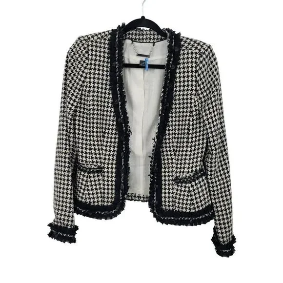 WHBM  Womens Wool Blend Houndstooth Blazer Sz‎ 2 Ruffle Chain Fringe Trim Black