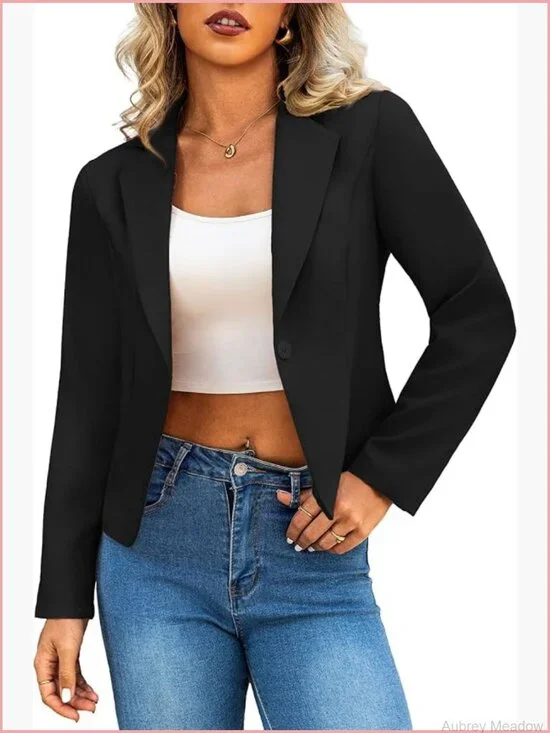 Cropped Blazer - Lightweight Fully Lined Long Sleeve Notch Lapel Business