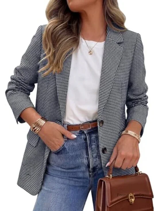 Long Sleeve Plaid Houndstooth Notch Lapel Blazer Business Casual Work Suit