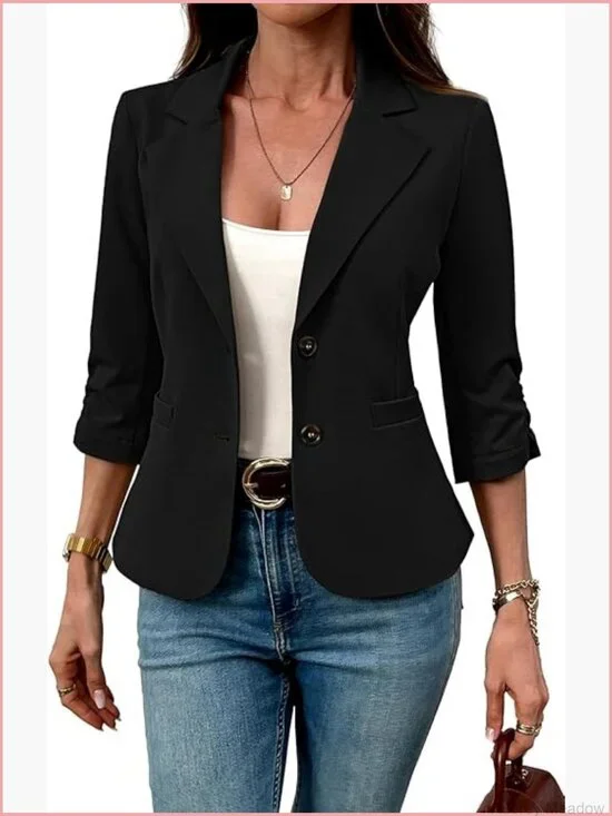 3/4 Sleeve Knit Blazer - Stretch Slim Fit Business Work Jacket with Pockets