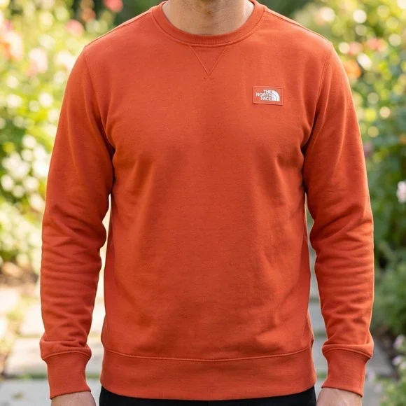 The North Face Mens Heritage Crewneck Sweatshirt Orange Fleece Logo Patch S