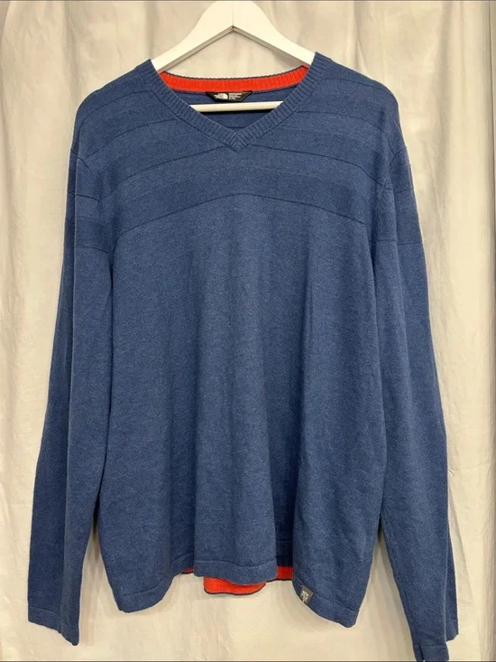 The North Face Blue V-Neck Sweater with Orange Trim