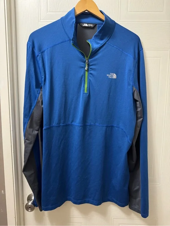 The North Face Blue Quarter-Zip with Gray Panels and Lime Accent