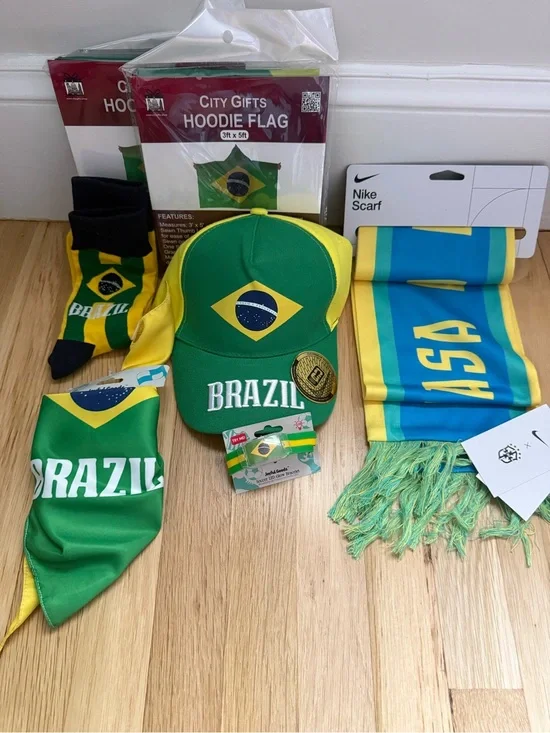 Brazil Soccer Fan Gear - Green & Yellow (Hat, Scarf, flags, bracelet, bandanna