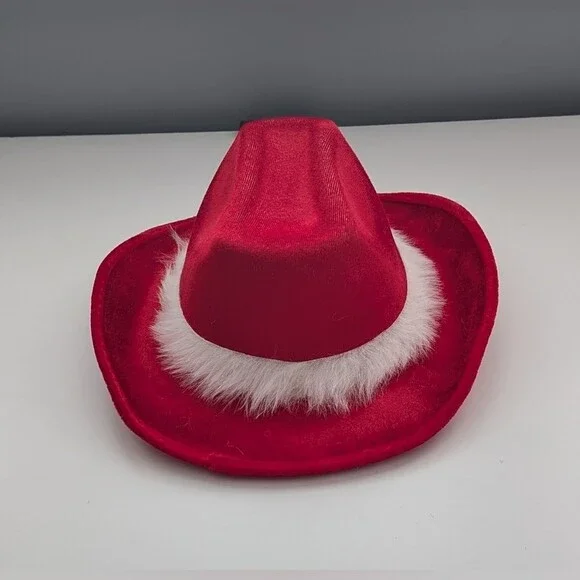 NWT Red Cowboy Hat with White Faux-Fur Trim