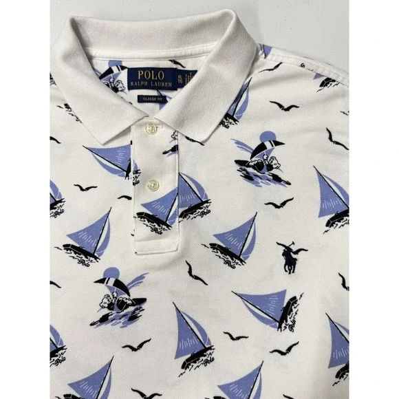 Polo Ralph Lauren Classic Fit Polo Shirt Men's XL Bear & Sailboat Logo AOP