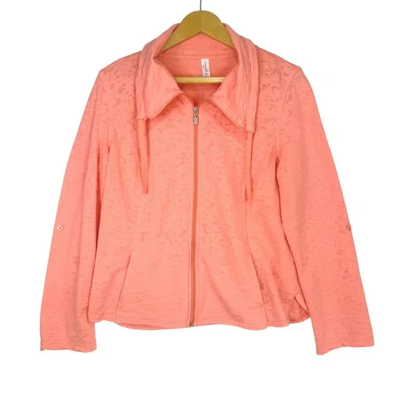 Exertek Petite Full Zip Burnout Jacket‎ Coral Orange Roll Tab Sleeve PL