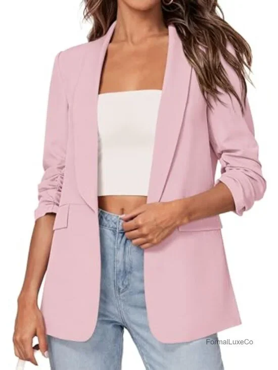 Open Front Ruched 3/4 Sleeve Blazer Business Casual Lightweight Work Suit Jacket