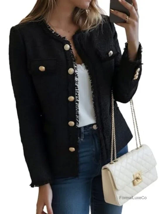 Tweed Blazer Jacket Crewneck Open Front Office Coat Pockets