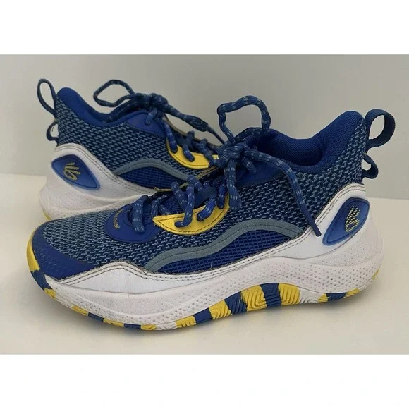 Under Armour Curry Kids Basketball Shoes Blue Yellow White 3027627-400 Size 3.5Y