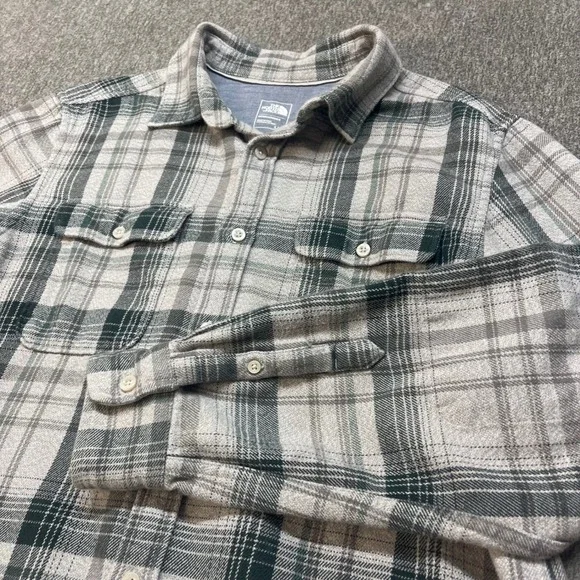 The North Face Mens Grey Green Plaid Flannel Button Down Shirt Large Long Sleeve