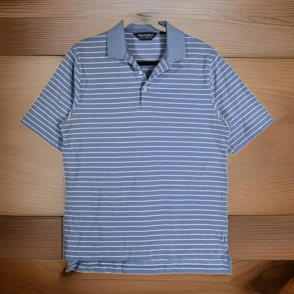 Polo Golf Ralph Lauren Men's Medium Blue White Striped Polo Shirt Short..