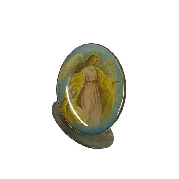 Vintage Guardian Protection Angel Oval Gold‎ Tone Metal Lapel Hat Pin Religious