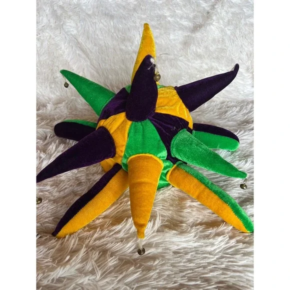 Mardi Gras Jester Hat OS Purple Green Gold Velvet Plush Bells Costume Joker READ