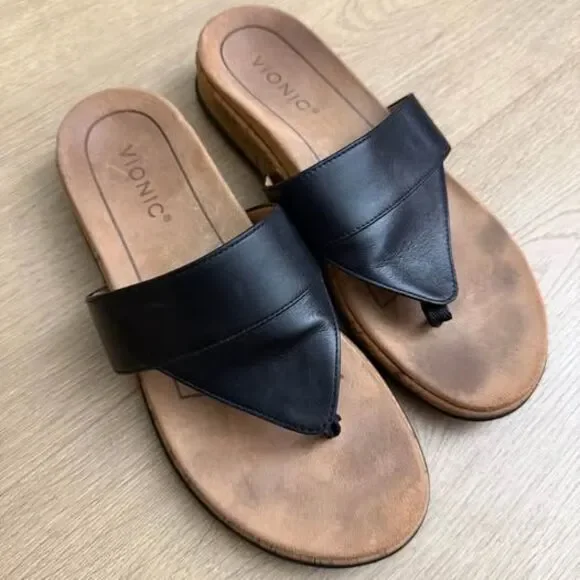 Vionic Jillian Black Leather Sandals size 7 womens