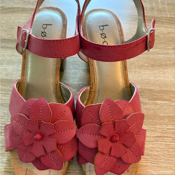 b.o.c. Red Floral Cork Wedge Sandals
