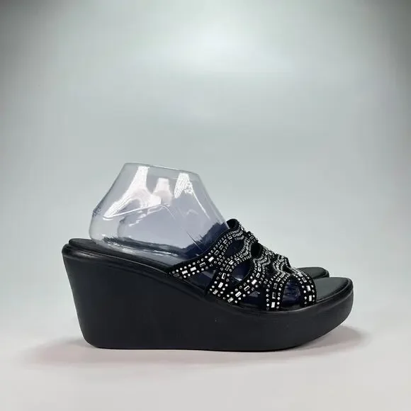 Skechers Rumble Up Funny Business Black Rhinestone Wedge Sandals Women's Size 11