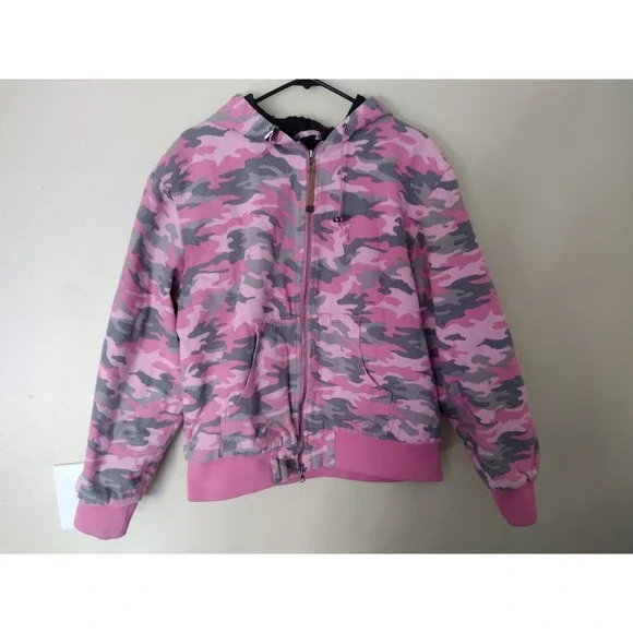 Roper Pink Camo Hooded Work Jacket Womens XL Cotton Canvas Fleece‎ Lined Zip Up