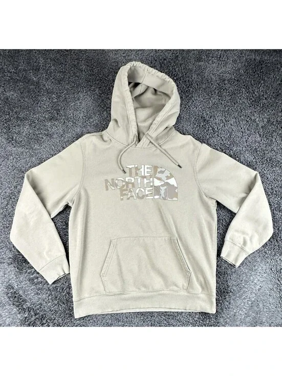 The North Face Half Dome Hoodie Men Tan Beige Camo Logo Pullover Sz Large