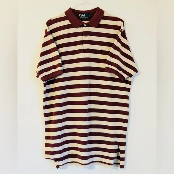 Ralph Lauren Maroon and Cream Striped Polo Vintage Short Sleeve Shirt large