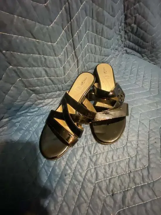 East 5th Black Patent Leather Heeled Slide Sandals