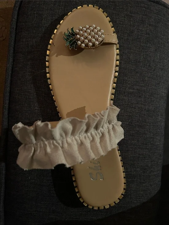 Beaded Pineapple Embellished Tan Slide Sandals