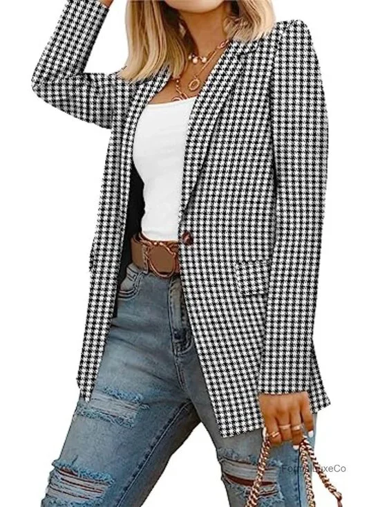 Womens Houndstooth Blazer with Pockets Notched Lapel Lined Work Jacket