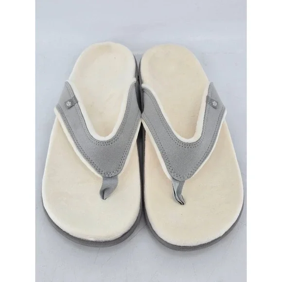 Spenco Yumi Plush Thong Sandals Womens 10 Grey Faux Fur Orthotic Flip Flops -VG