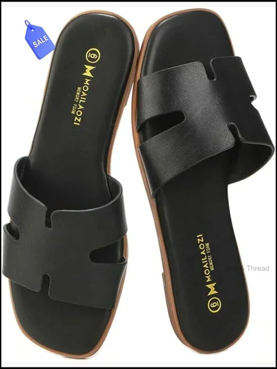 Women's Slip On Slide Sandals with Memory Foam, Square Toe Cushioned Flat