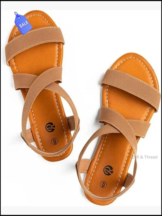 Women's Elastic Cross-Strap Flat Sandals - Non-Slip Sole - Cushioned Insole -