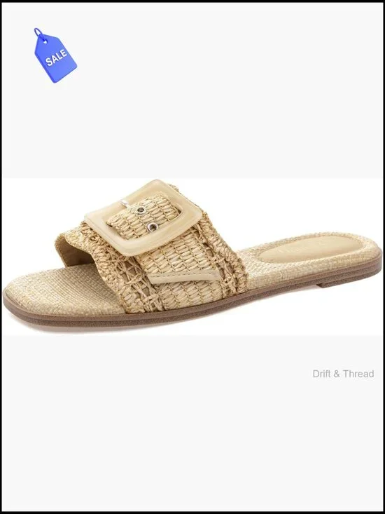 Woven Raffia Slide Sandals Square Toe Summer Beach Flat Slip On
